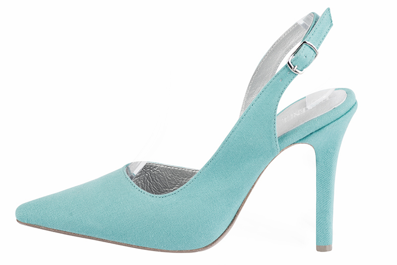 Aquamarine blue women's slingback shoes. Pointed toe. Very high slim heel. Profile view - Florence KOOIJMAN